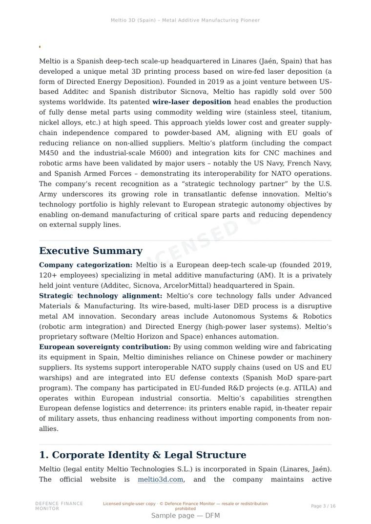 Sample page from “Meltio 3D (Spain) – Metal Additive Manufacturing Pioneer” — 17-page report