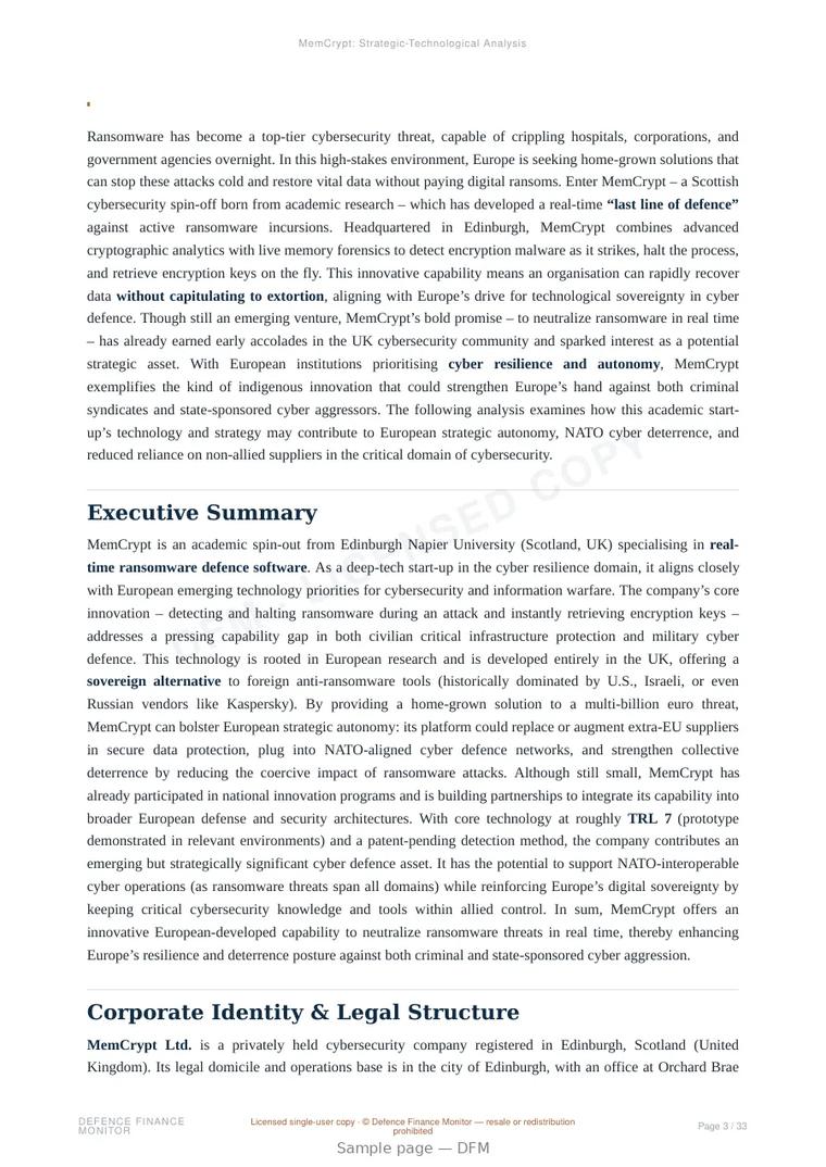Sample page from “MemCrypt — United Kingdom defensive cyber company” — 34-page report