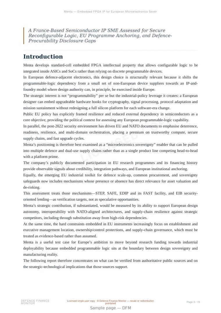 Sample page from “Menta — Embedded FPGA IP for European Microelectronics Sovereignty” — 16-page report