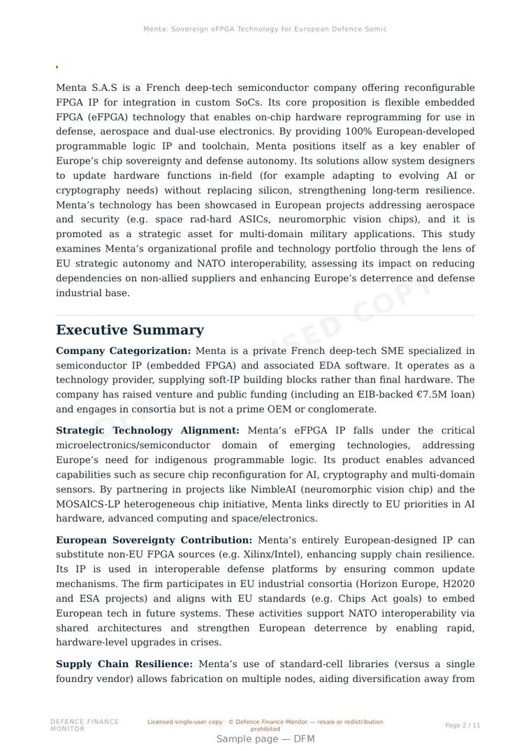 Sample page from “Menta: Sovereign eFPGA Technology for European Defence Semiconductors” — 12-page report
