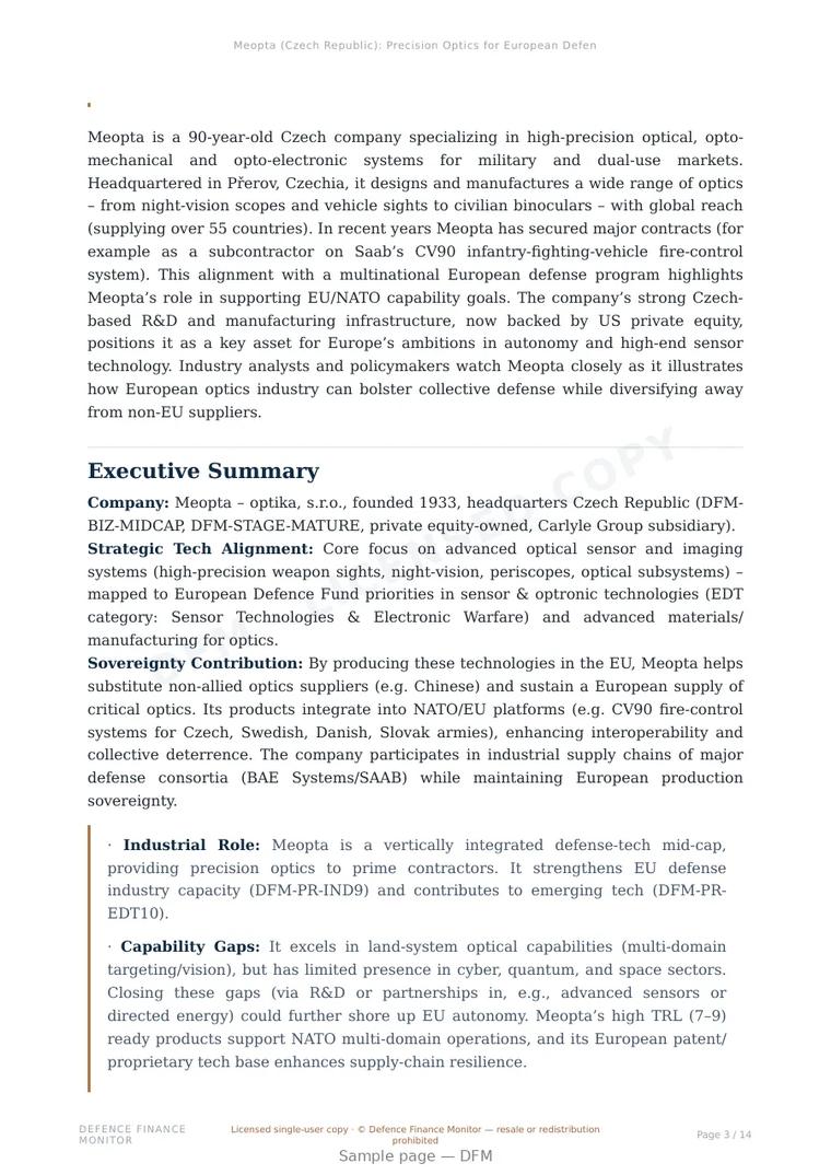 Sample page from “Meopta (Czech Republic): Precision Optics for European Defense” — 15-page report