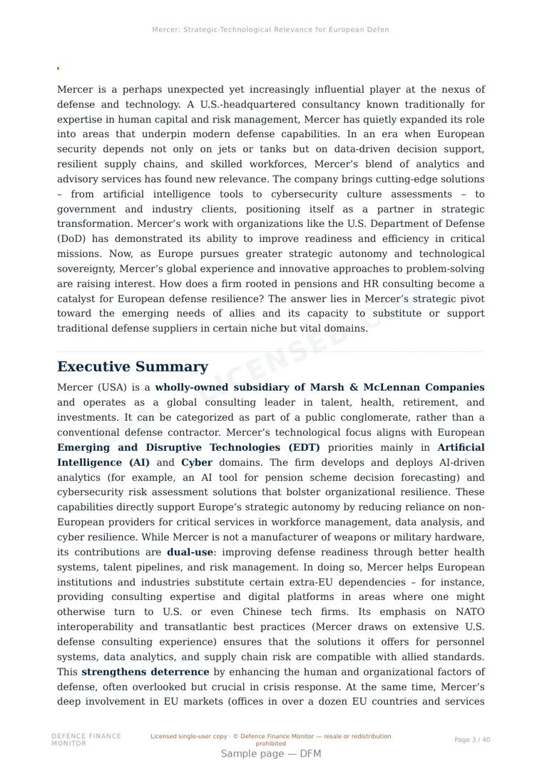 Sample page from “Mercer: Strategic-Technological Relevance for European Defense and Dual-Use Autonomy” — 41-page report