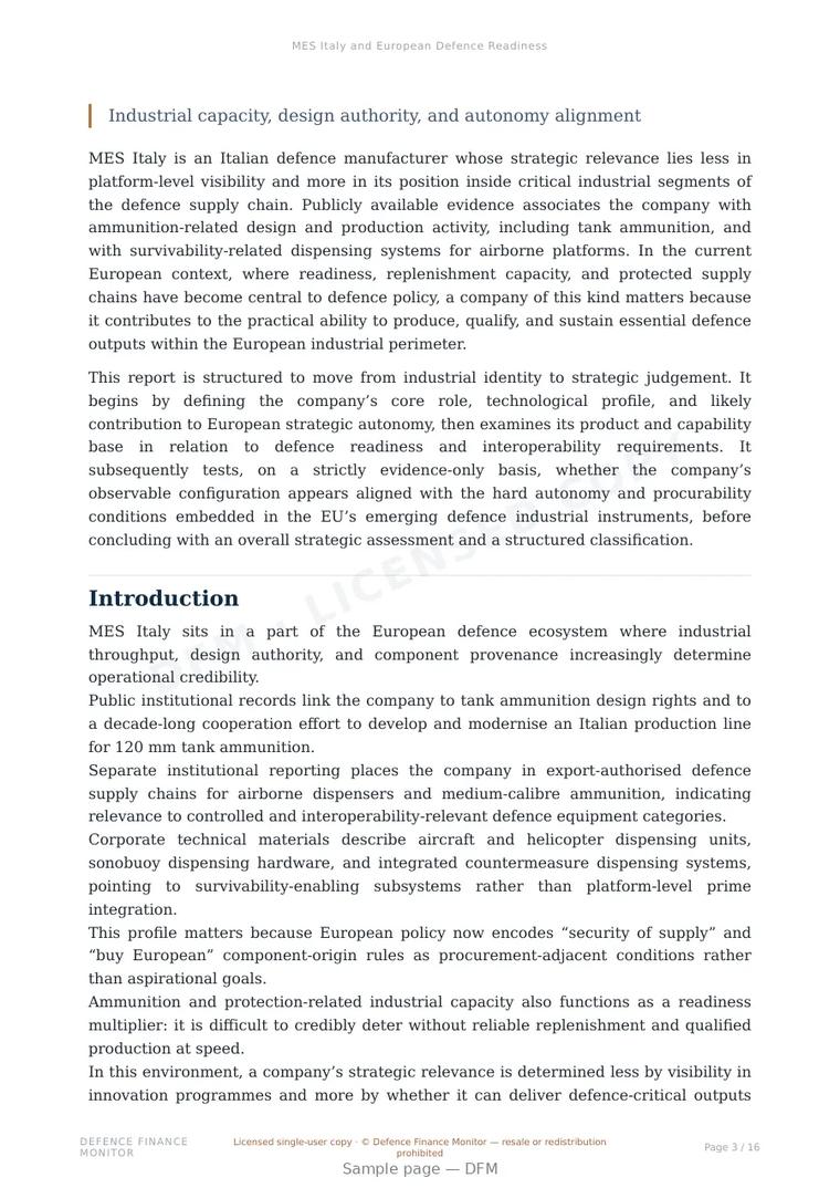 Sample page from “MES Italy and European Defence Readiness” — 17-page report