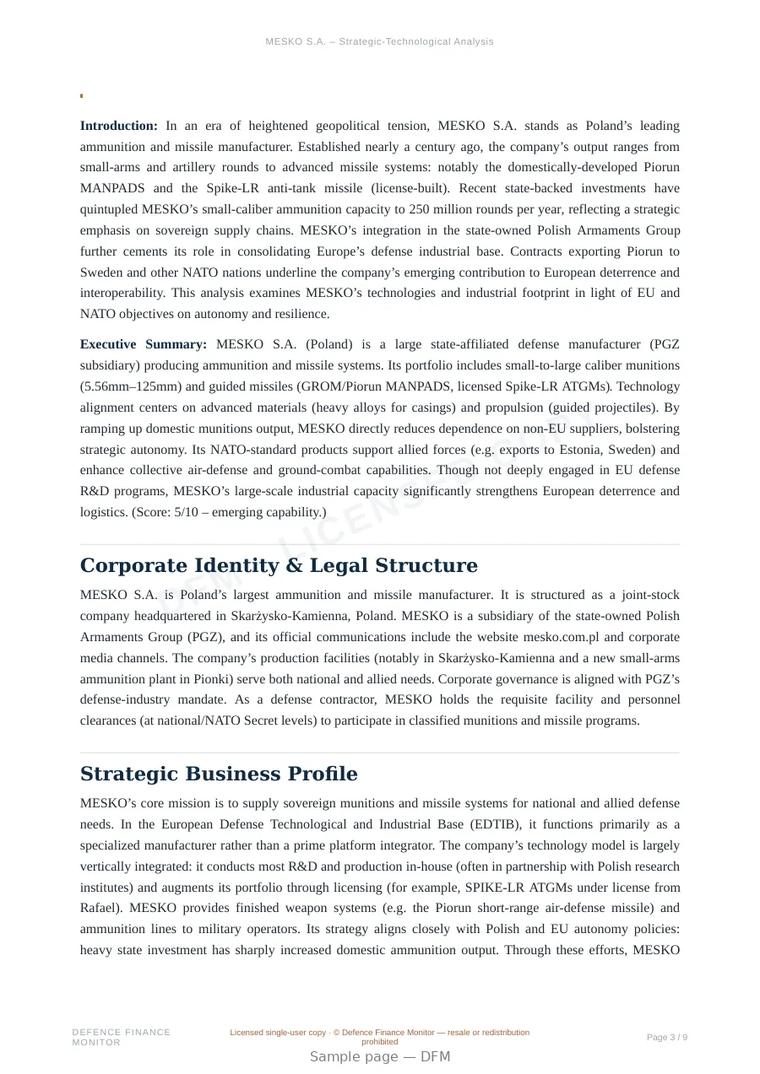 Sample page from “MESKO S.A. — Poland defence company” — 10-page report