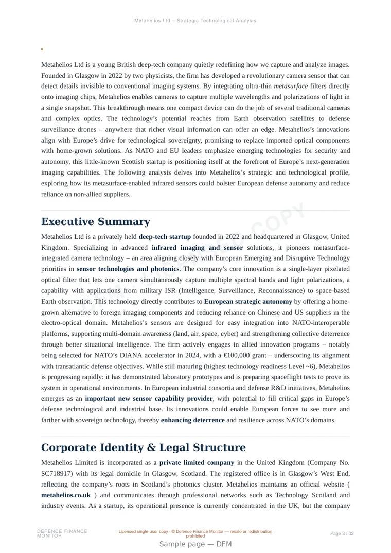 Sample page from “Metahelios Ltd – Strategic Technological Analysis” — 33-page report