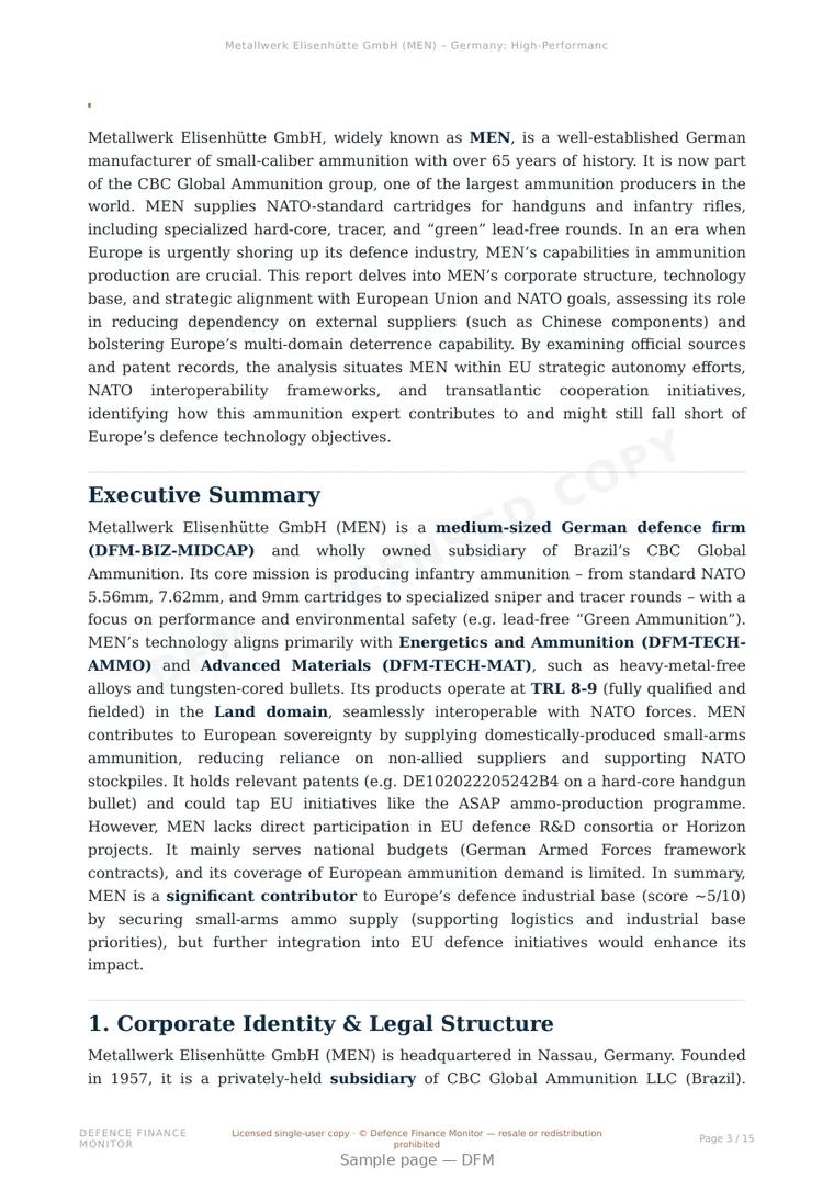 Sample page from “Metallwerk Elisenhütte GmbH (MEN) – Germany: High-Performance Small-Caliber Ammunition Specialist” — 16-page report