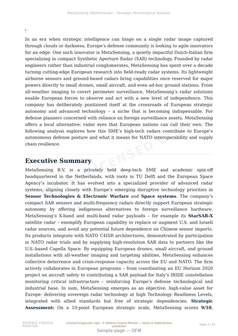 Sample page from “MetaSensing (Netherlands) – Strategic Technological Analysis” — 26-page report