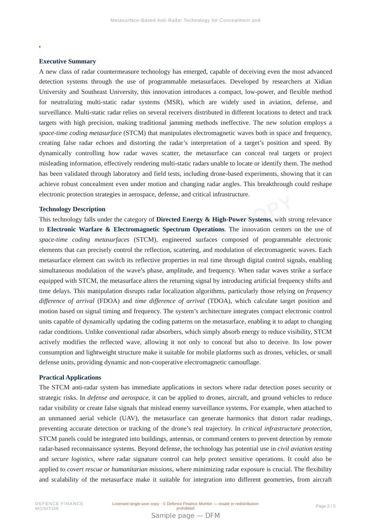 Sample page from “Metasurface-Based Anti-Radar Technology for Concealment and Protection in Dynamic Environments” — 6-page report