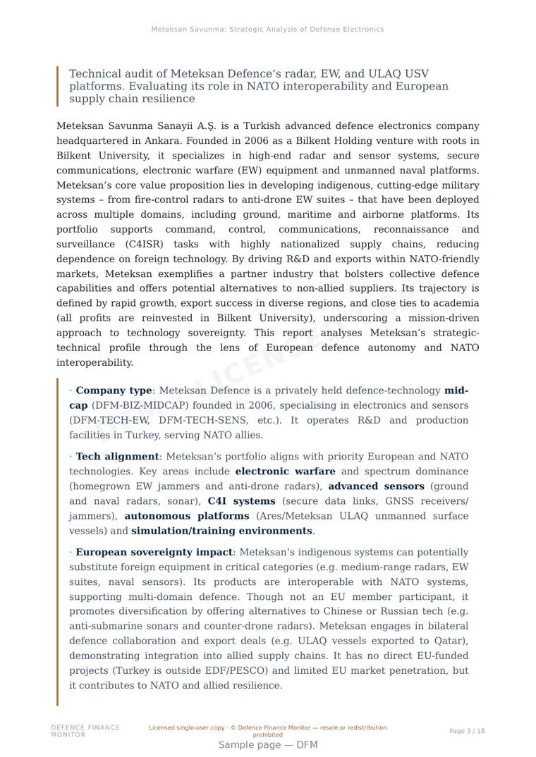 Sample page from “Meteksan Savunma: Strategic Analysis of Defense Electronics and Naval Autonomy” — 19-page report