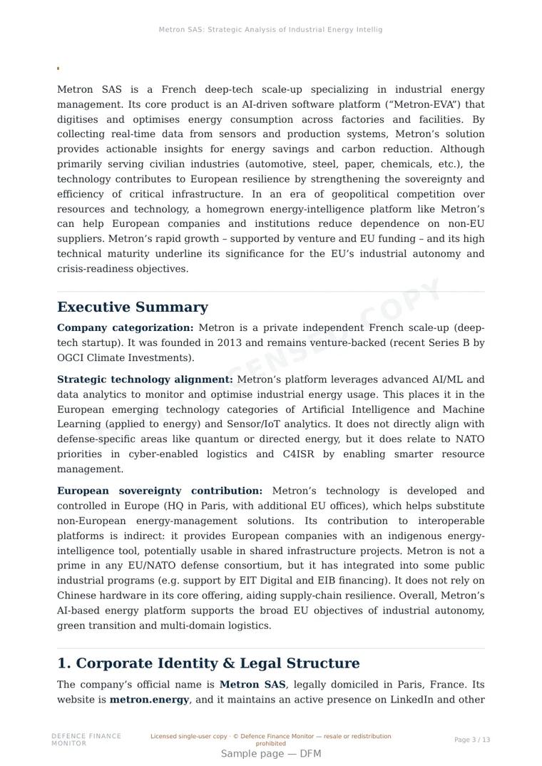 Sample page from “Metron SAS: Strategic Analysis of Industrial Energy Intelligence and Infrastructure Resilience” — 14-page report
