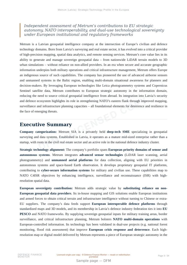Sample page from “Metrum (Latvia): Strategic-Technology Profile in the European Security and Defence Ecosystem” — 35-page report
