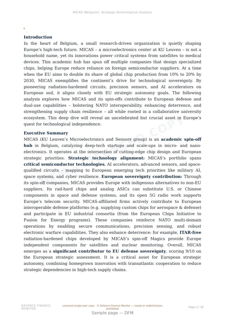 Sample page from “MICAS — Belgium semiconductors company” — 39-page report