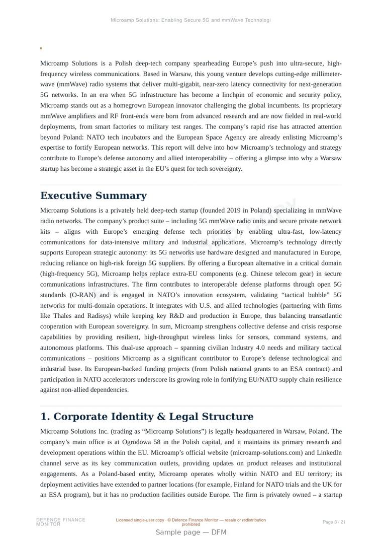 Sample page from “Microamp Solutions: Enabling Secure 5G and mmWave Technologies for European Defence and Strategic Autonomy” — 22-page report