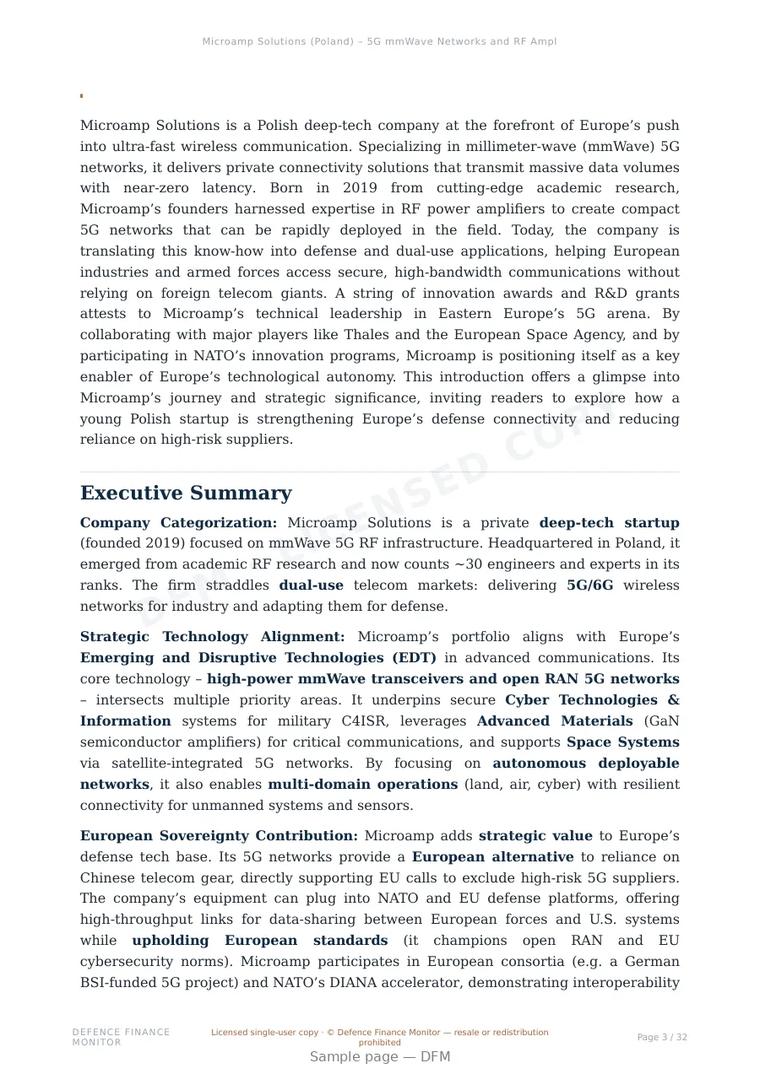 Sample page from “Microamp Solutions (Poland) – 5G mmWave Networks and RF Amplifiers for Defense” — 33-page report