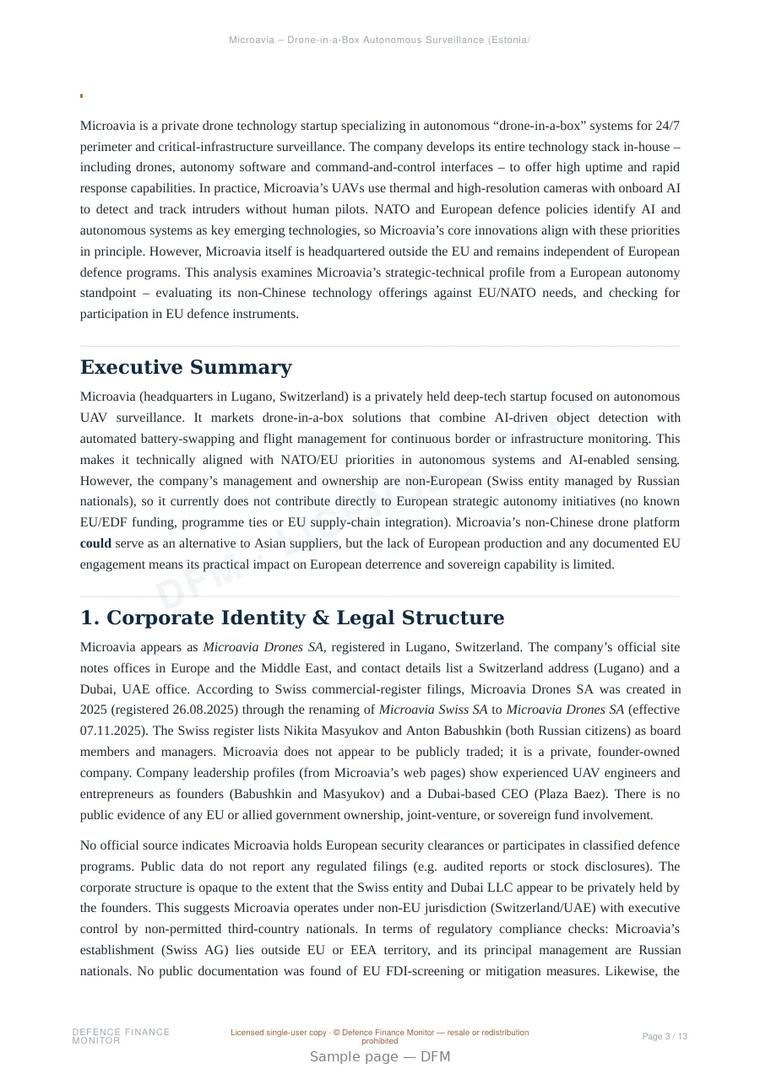 Sample page from “Microavia – Drone-in-a-Box Autonomous Surveillance (Estonia/EU)” — 14-page report