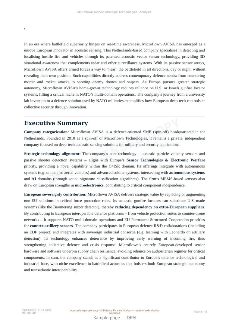 Sample page from “Microflown AVISA — Netherlands advanced sensors company” — 47-page report