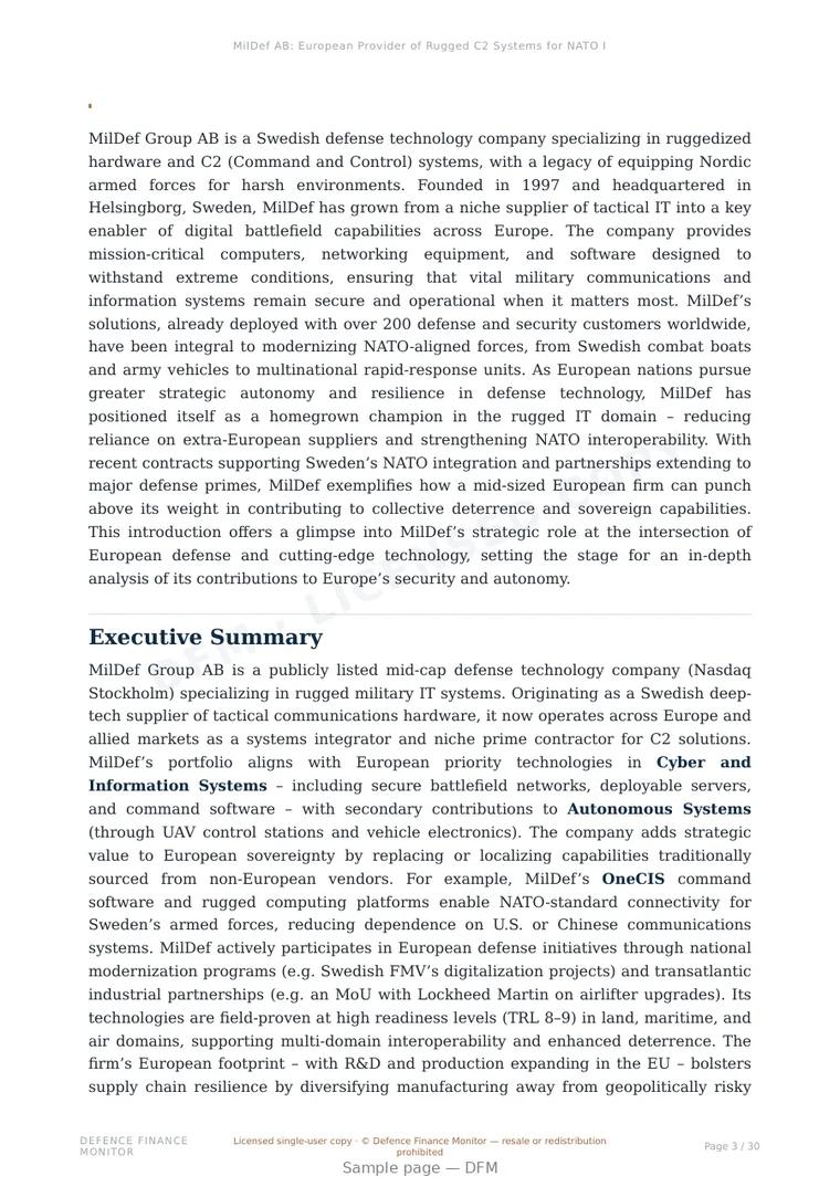 Sample page from “MilDef AB: European Provider of Rugged C2 Systems for NATO Interoperability” — 31-page report