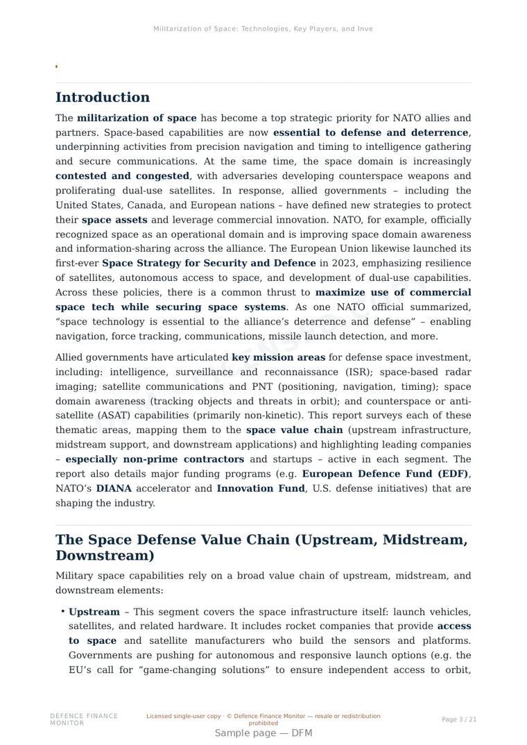 Sample page from “Militarization of Space: Technologies, Key Players, and Investment Landscape” — 22-page report
