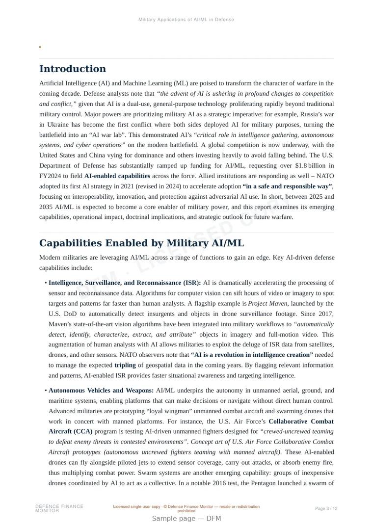Sample page from “Military Applications of AI/ML in Defense” — 13-page report