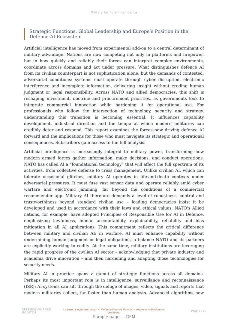 Sample page from “Military Artificial Intelligence” — 17-page report