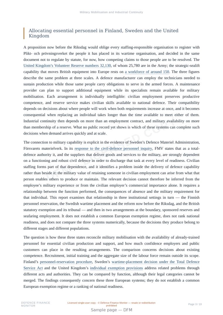 Sample page from “Military Mobilisation and Industrial Continuity” — 20-page report