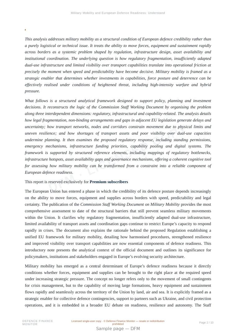 Sample page from “Military Mobility and European Defence Readiness: Understanding the Foundations of the New EU Framework” — 11-page report