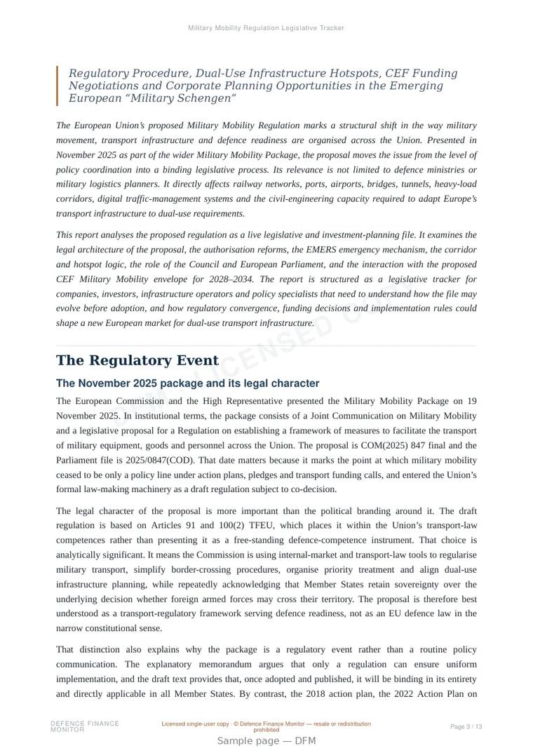 Sample page from “Military Mobility Regulation Legislative Tracker” — 14-page report