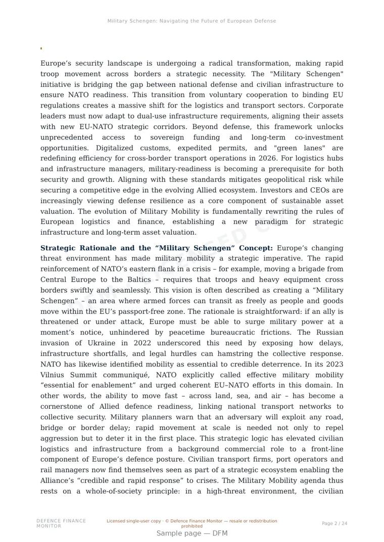 Sample page from “Military Schengen: Navigating the Future of European Defense Logistics and Infrastructure” — 25-page report