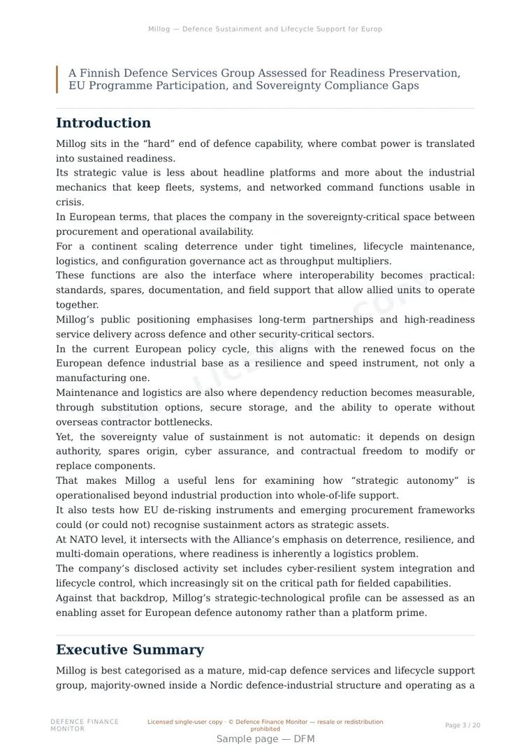 Sample page from “Millog — Defence Sustainment and Lifecycle Support for European Strategic Autonomy” — 21-page report