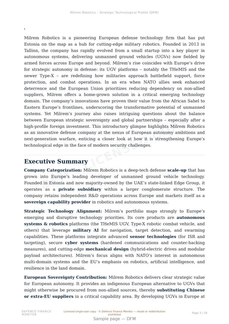 Sample page from “Milrem Robotics – Strategic Technological Profile” — 30-page report