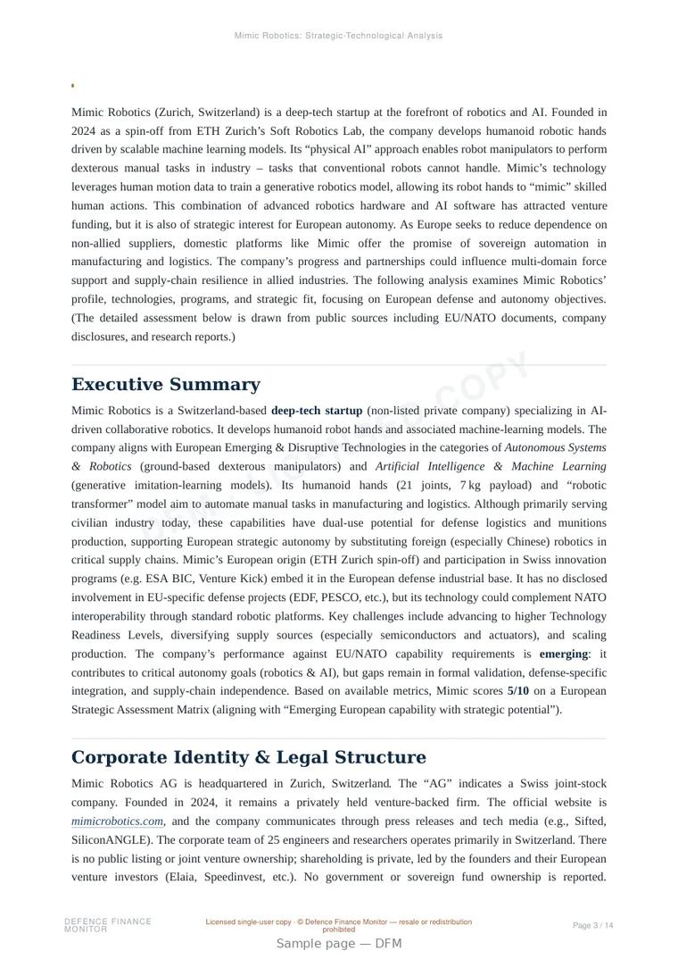 Sample page from “Mimic Robotics — Switzerland autonomous systems company” — 15-page report