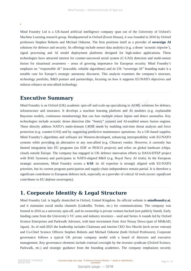Sample page from “Mind Foundry – Oxford University AI Spin-out” — 16-page report