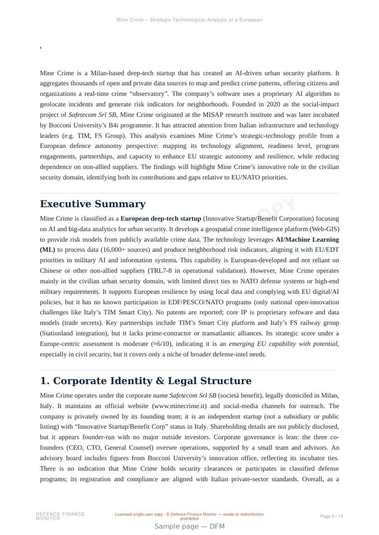 Sample page from “Mine Crime — Italy artificial intelligence company” — 14-page report