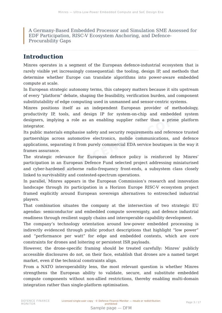 Sample page from “Minres — Ultra-Low-Power Embedded Compute and SoC Design Enabling for European Strategic Autonomy” — 18-page report