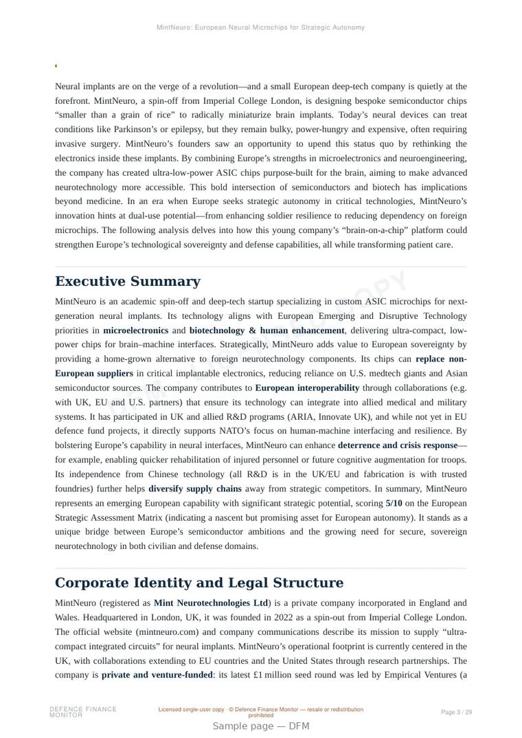 Sample page from “MintNeuro: European Neural Microchips for Strategic Autonomy” — 30-page report