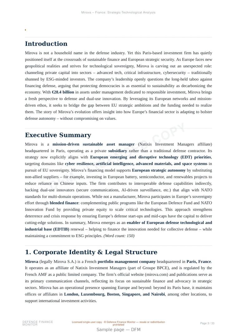 Sample page from “Mirova” — 34-page report