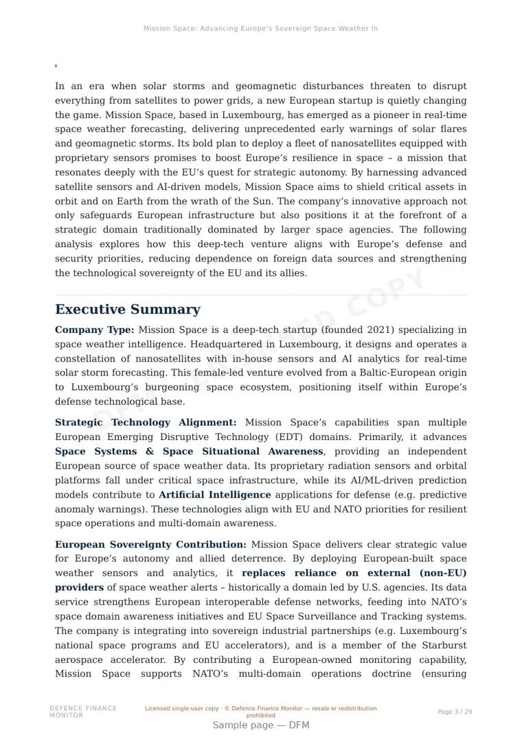 Sample page from “Mission Space: Advancing Europe’s Sovereign Space Weather Intelligence Capabilities” — 30-page report