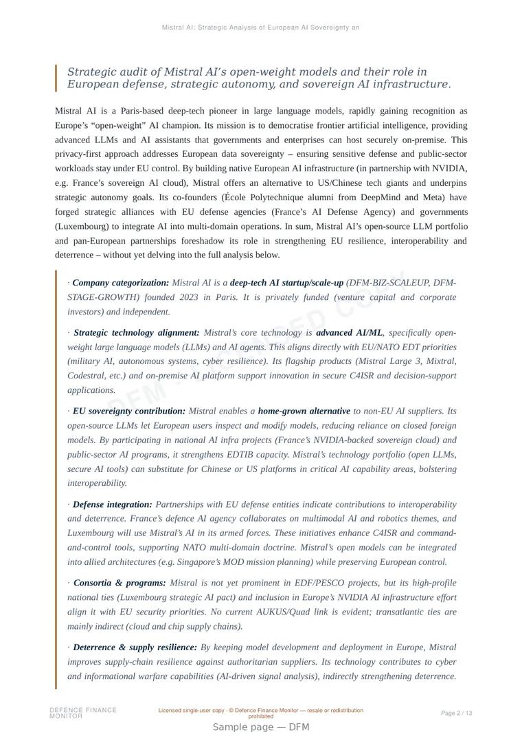 Sample page from “Mistral AI: Strategic Analysis of European AI Sovereignty and LLMs” — 14-page report