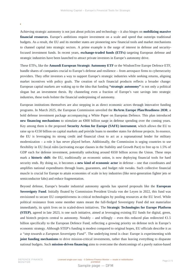 Sample page from “Mobilizing Capital – Europe’s Financial Tools for Strategic Autonomy” — 6-page report