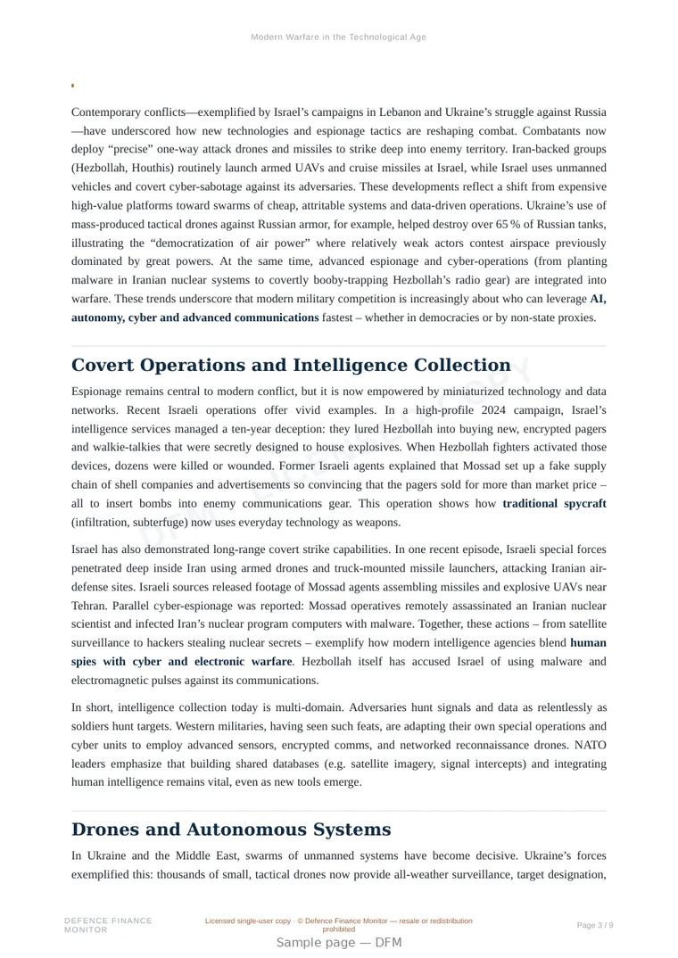 Sample page from “Modern Warfare in the Technological Age” — 10-page report