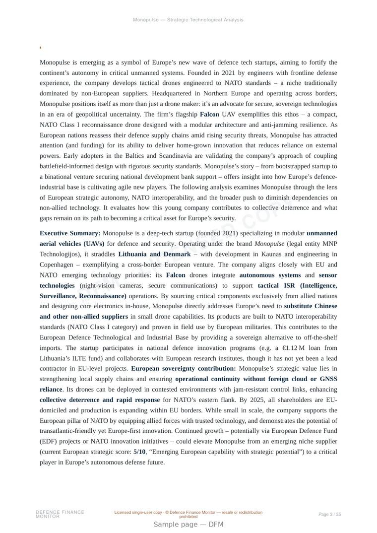 Sample page from “Monopulse — unmanned aerial systems company” — 36-page report