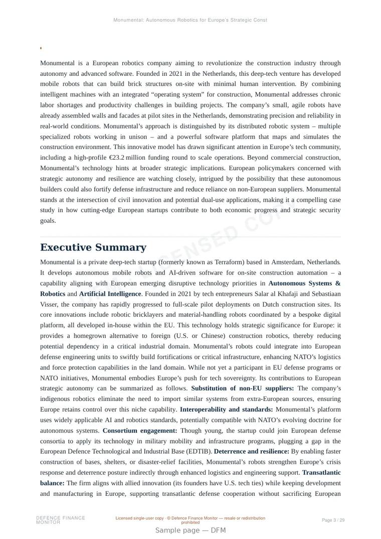 Sample page from “Monumental: Autonomous Robotics for Europe’s Strategic Construction Sovereignty” — 30-page report
