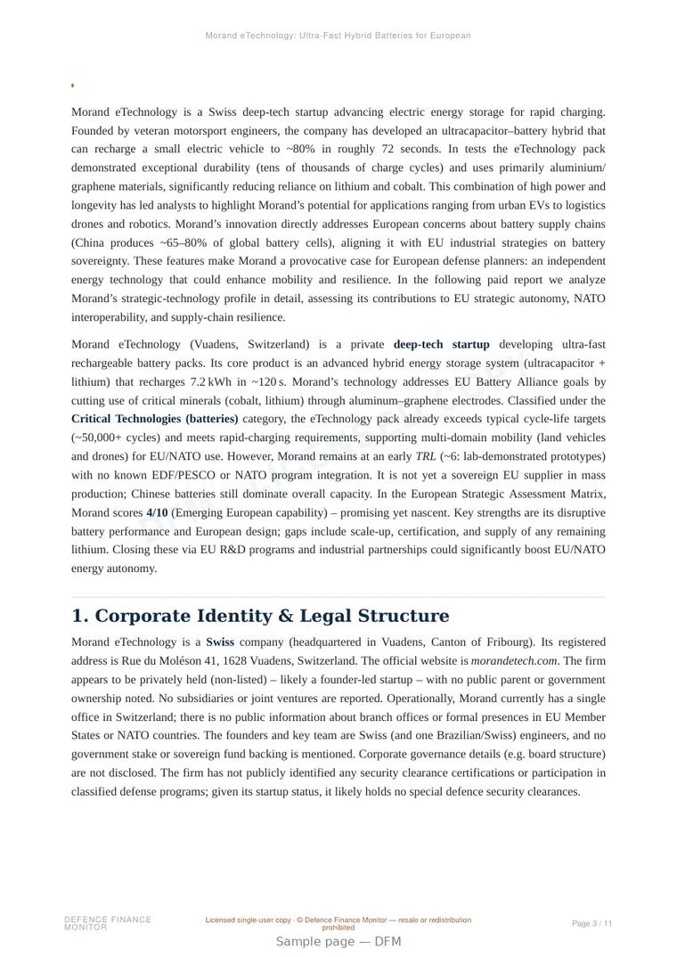 Sample page from “Morand eTechnology: Ultra-Fast Hybrid Batteries for European Strategic Autonomy” — 12-page report