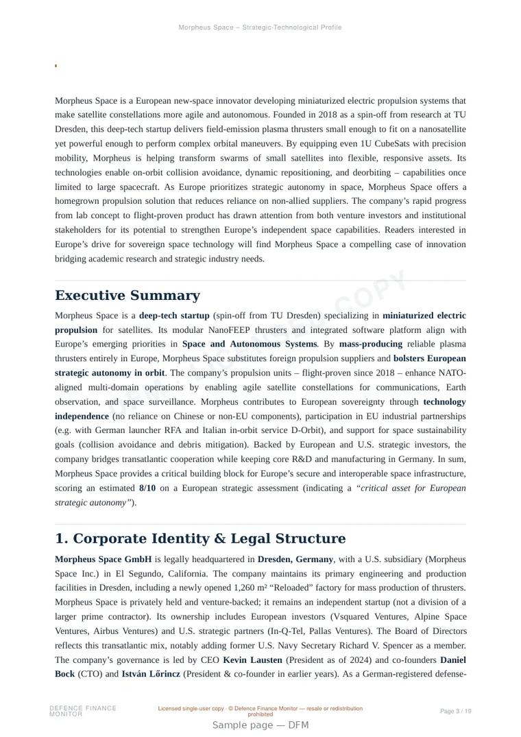 Sample page from “Morpheus Space – Strategic-Technological Profile” — 20-page report