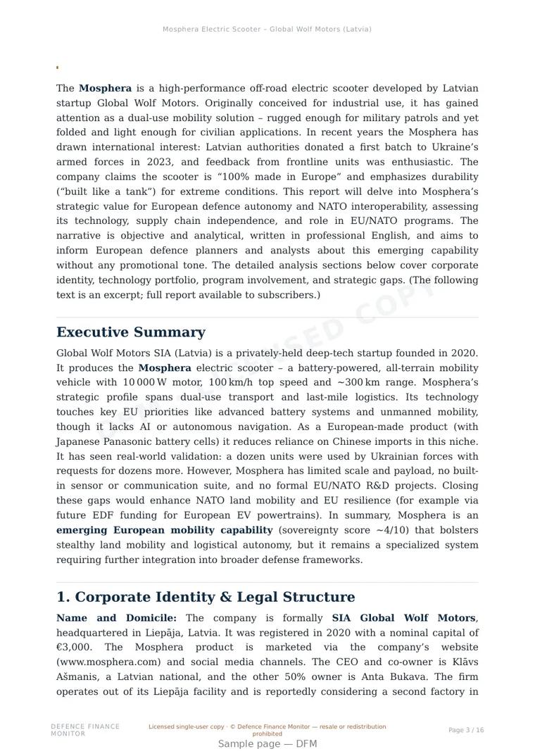 Sample page from “Mosphera Electric Scooter – Global Wolf Motors (Latvia)” — 17-page report