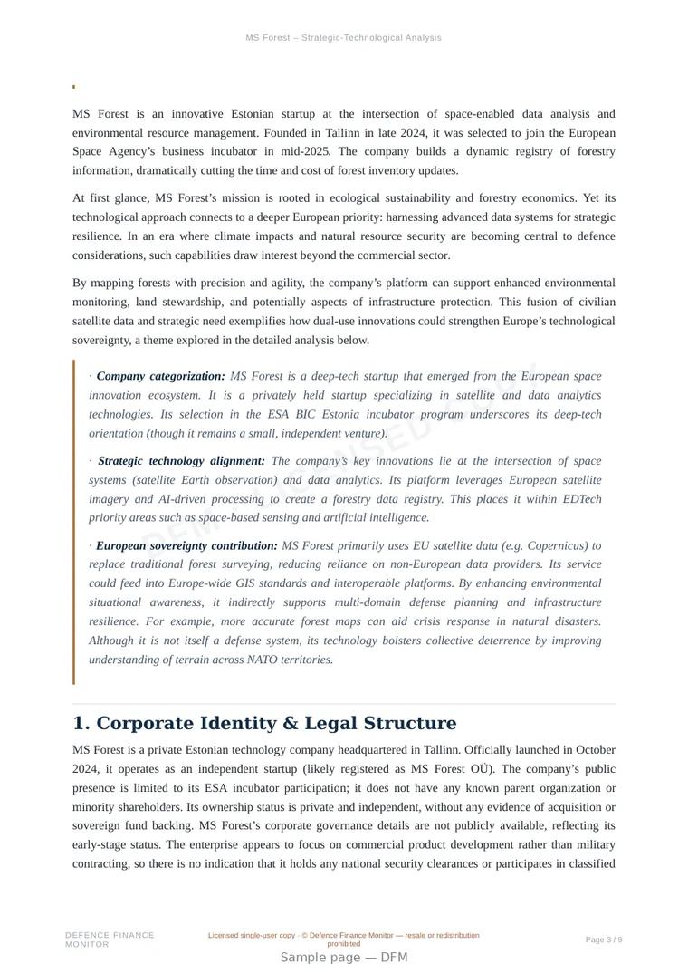 Sample page from “MS Forest — space company” — 10-page report