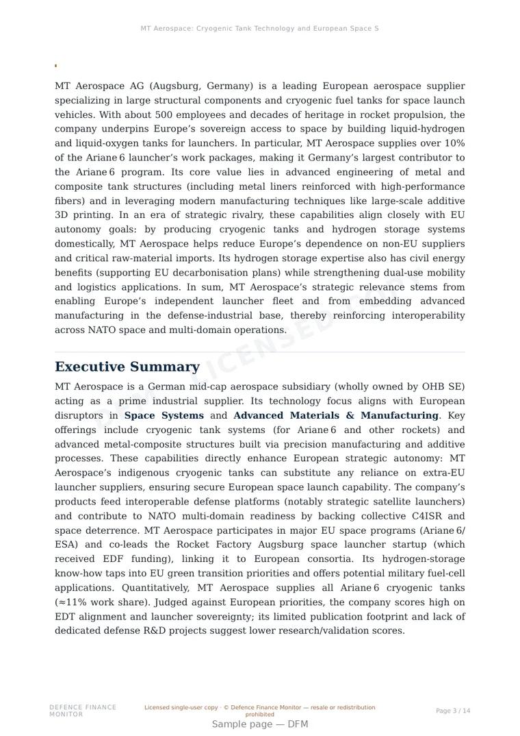 Sample page from “MT Aerospace: Cryogenic Tank Technology and European Space Sovereignty” — 15-page report