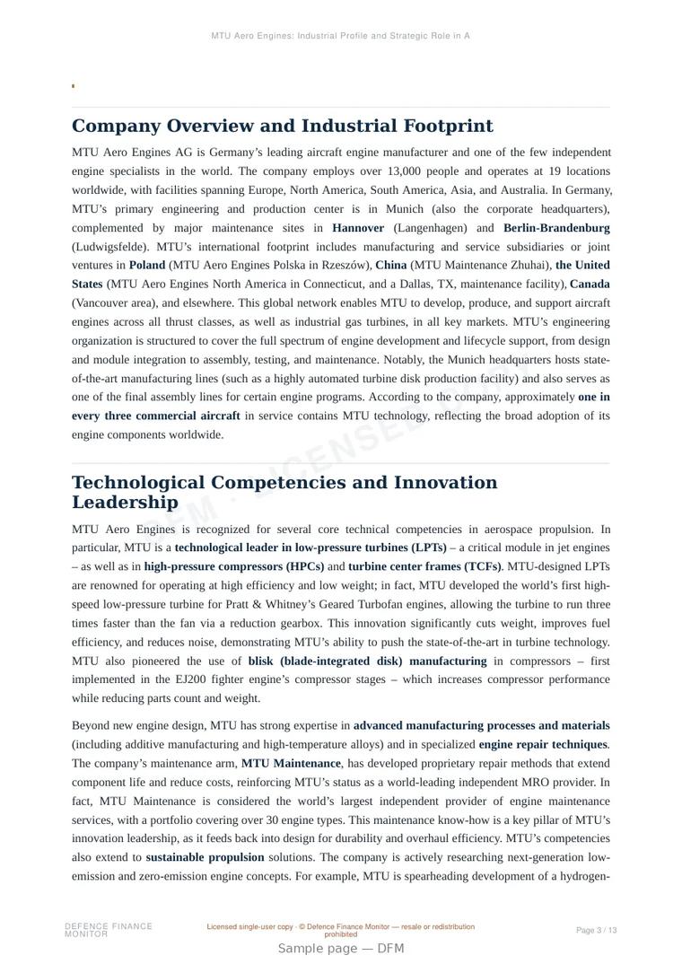 Sample page from “MTU Aero Engines: Industrial Profile and Strategic Role in Aerospace Propulsion” — 14-page report