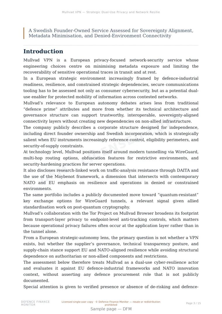 Sample page from “Mullvad VPN — Strategic Dual-Use Privacy and Network Resilience” — 16-page report