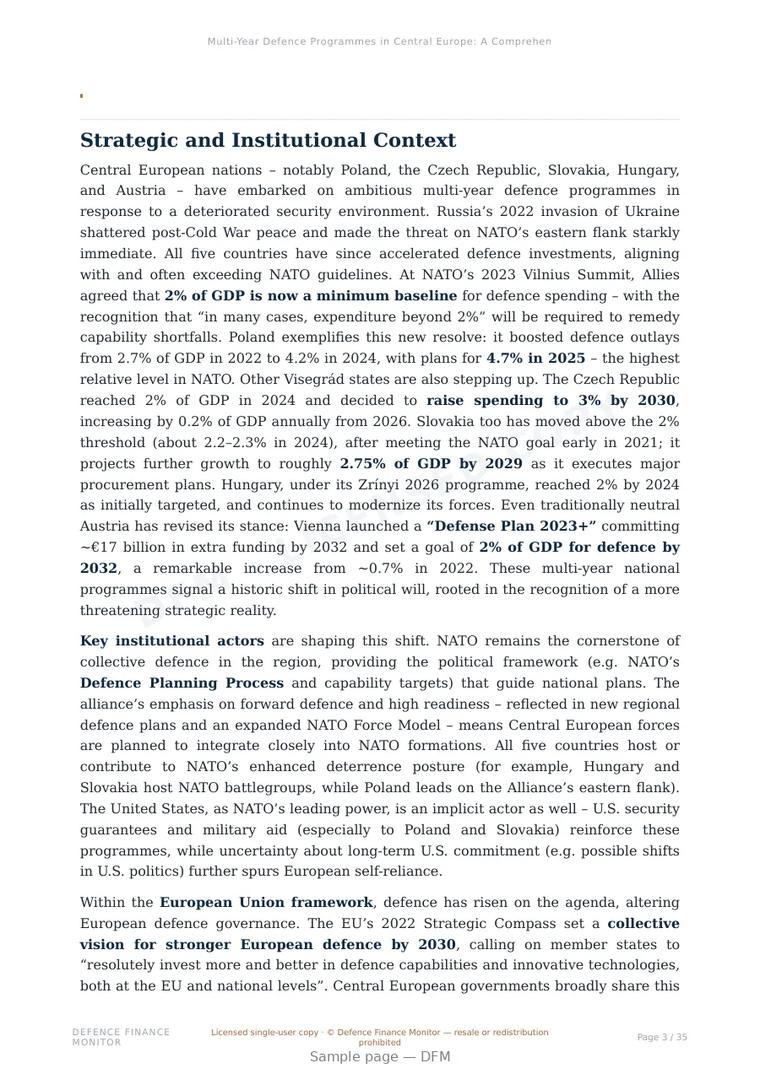 Sample page from “Multi-Year Defence Programmes in Central Europe: A Comprehensive Analysis” — 36-page report